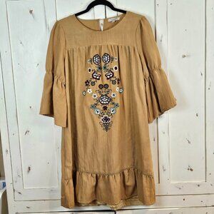 POLAGRAM Embroidered Boho Bell Sleeve Dress Mustard Floral L